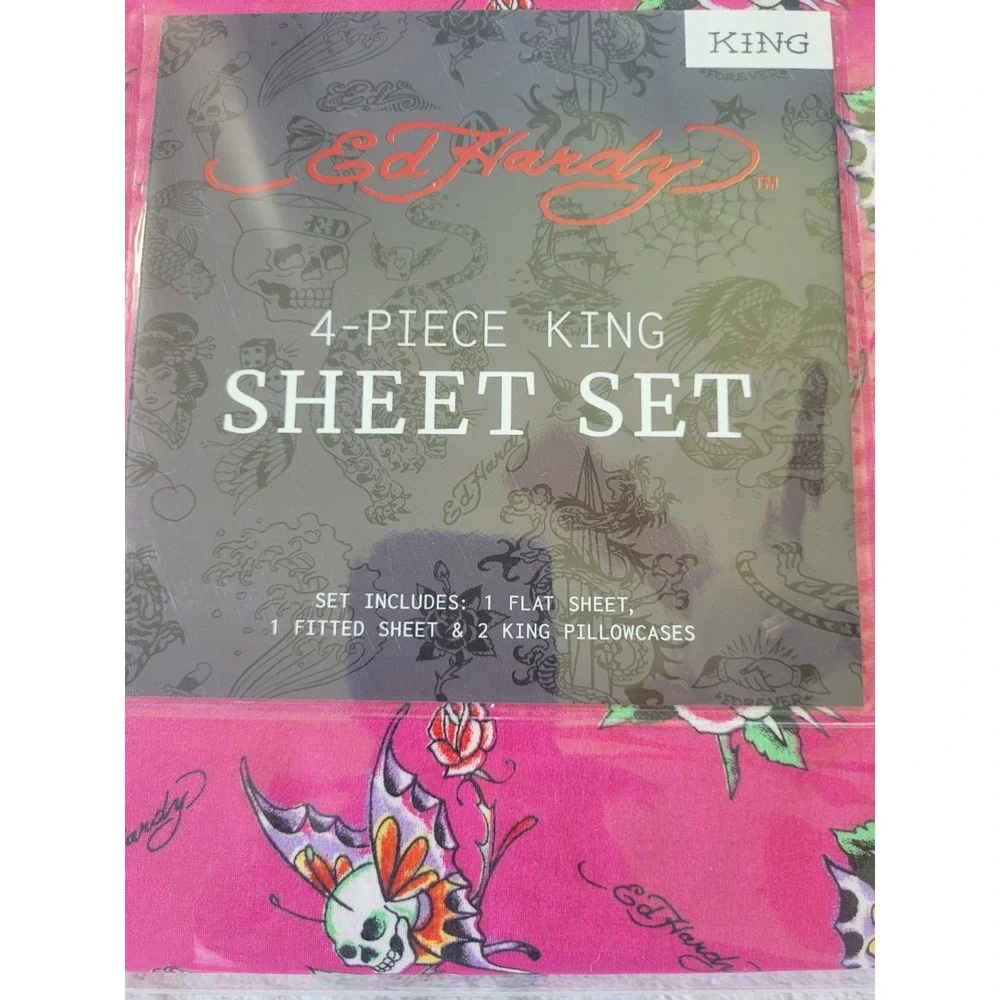 Ed Hardy King Size Pink Bedsheet Set Roses Butterfly Skulls Y2K 16